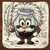 Cartoon inkwell with a face, gray hair and moustache, arms and legs that is holding a feather quill.